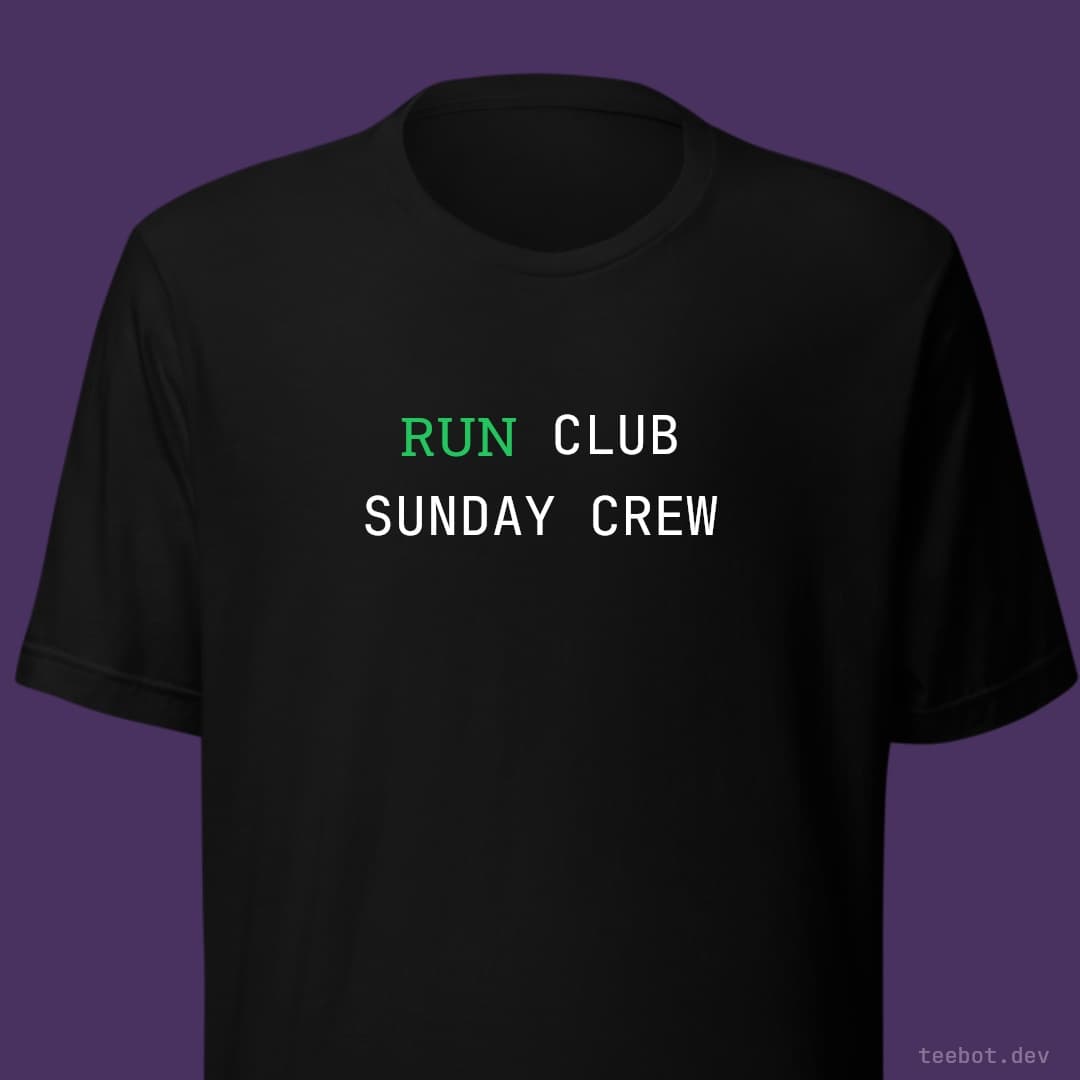 black t-shirt with text "RUN CLUB SUNDAY CREW" in mono font