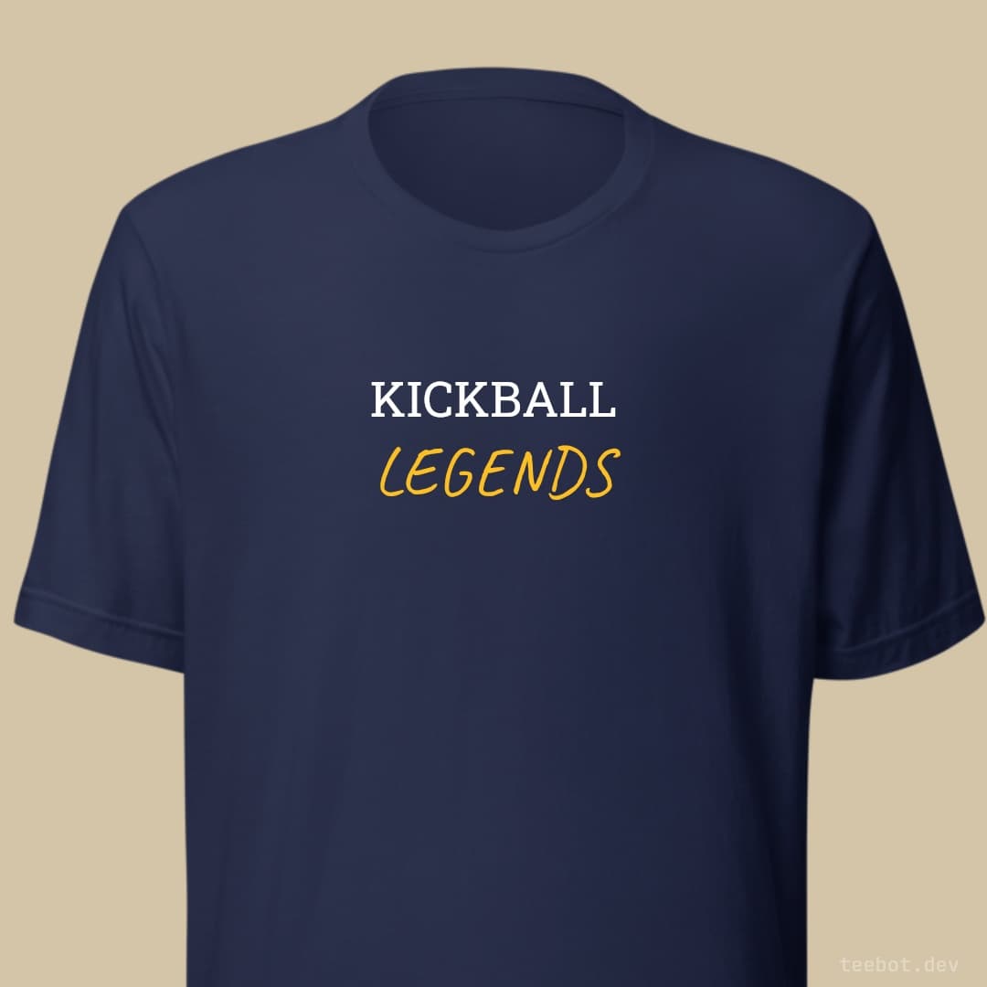 navy t-shirt with text "KICKBALL LEGENDS" in slab font